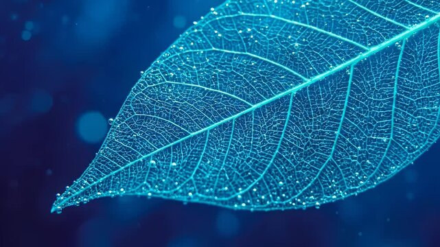 Luminous Blue Skeleton Leaf Macro with Water Droplets