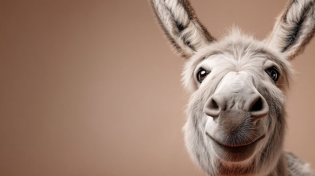 Donkey Week celebration featuring happy donkey smiling and looking directly at camera indoors.