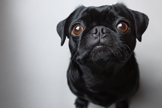 close-up portrait of a black pug with large brown eyes looking up, curious and innocent expression against a soft gray background