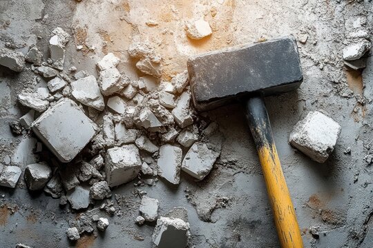 sledgehammer on concrete rubble with broken chunks and dust, gritty construction scene conveying hard work and determination