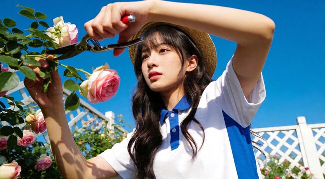 Young girl in school uniform pruning pink roses in rose garden under bright blue sky