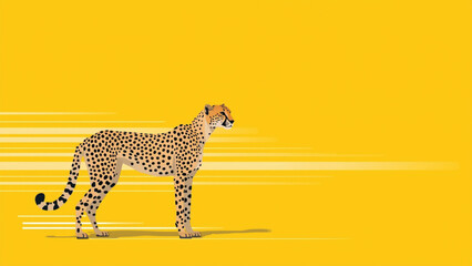 Modern vector illustration of a fast cheetah standing on bright yellow background with motion lines minimal flat design style wildlife animal speed concept clean composition. © AbdulRehman