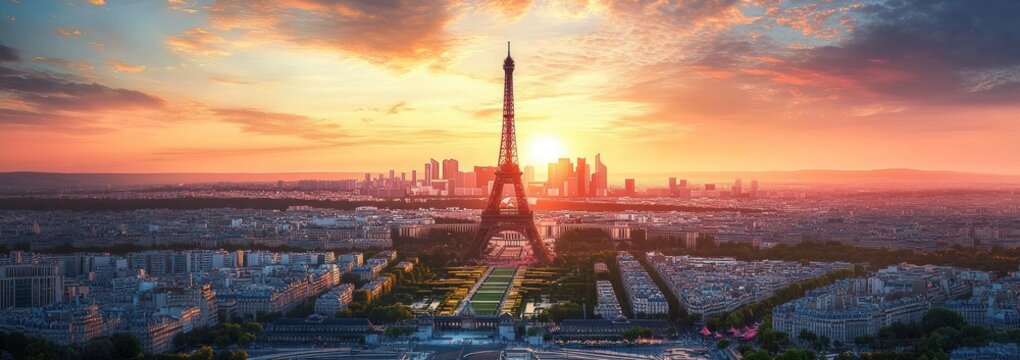 Sunset over paris with the eiffel tower centered, glowing silhouette above formal gardens, rooftops and distant skyscrapers under a dramatic golden and pink sky