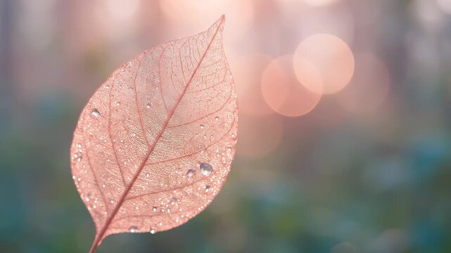 Ethereal Skeleton Leaf with Dew Drops in Soft Golden Light
