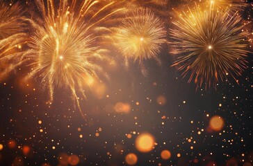 Fototapeta premium golden fireworks bursting against a dark night sky with warm bokeh sparks and glowing particles, festive joyful atmosphere