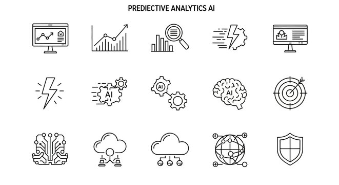Predictive Analytics AI Icons Set.