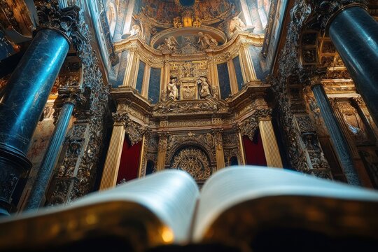 Open book in foreground framing a gilded baroque chapel altar with towering marble columns, ornate gold carvings and ceiling frescoes, evoking reverent awe