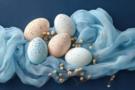 Five pastel speckled eggs nestled on soft sheer blue fabric with pussy willow branches on deep blue background, serene spring still life