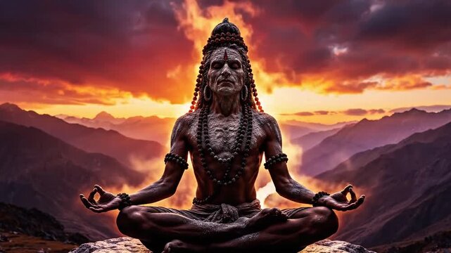 Man meditating in lotus pose atop a mountain at sunset, spiritual enlightenment and inner peace, dramatic sky and landscape, representing yoga and mindfulness