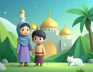 Obraz premium Ramadan Illustration with Kids Celebrating the Spirit of Ramadan