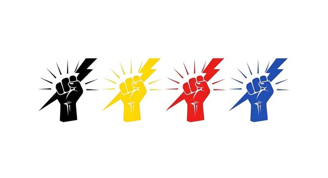A powerful symbol of unity and strength with fists and lightning bolts in different colors