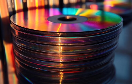 Close-up of a stack of shiny optical discs on a reflective surface with vibrant rainbow light reflections and a blurred background, evoking a nostalgic, mesmerizing mood