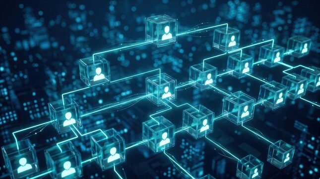 Business process and workflow automation concept with a glowing flowchart and technology structure.