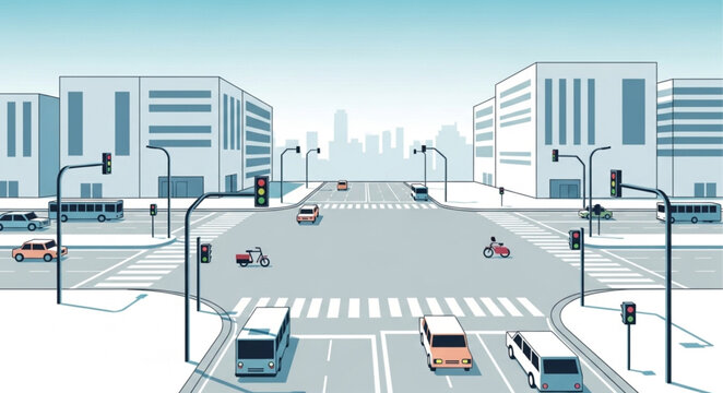 City street intersection with traffic and buildings.