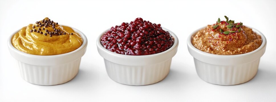 three white ceramic ramekins holding vibrant mustard, glossy pomegranate arils, and rustic hummus topped with microgreens, inviting and appetizing