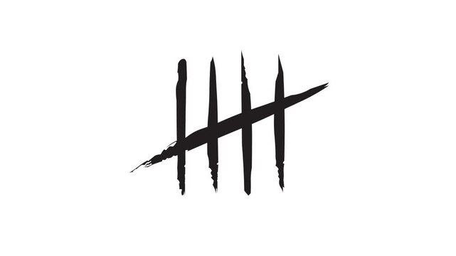 tally mark animation. Number 5. Hand-drawn lines or bars with brushstrokes or chalk, arranged in quarters and crossed out. Prison wall counter. Transparent background, 4k video.