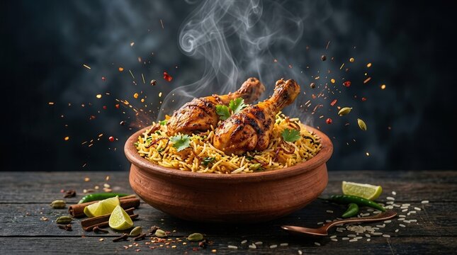 Flying spices and steam rising from a hot bowl of spicy Hyderabadi chicken biryani.
