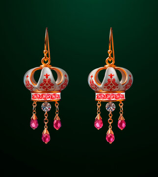 Artistic earrings with intricate design and colorful gems on a dark background