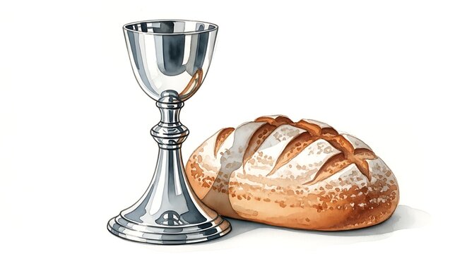 Shiny silver chalice and a loaf of bread on white background, symbolizing communion or Eucharist