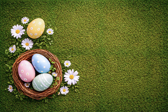 Easter eggs in a nest on green grass with a large negative space on the right