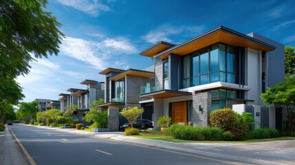 Fototapeta premium Modern suburban houses with large glass windows line a clean, tree-lined street under a clear blue sky.