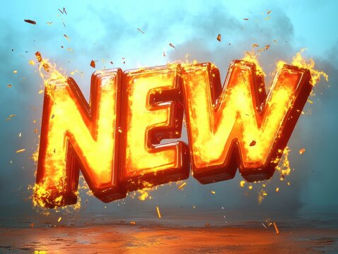 Three-dimensional glowing letters spelling NEW engulfed in roaring flames with flying sparks and thick smoke, conveying explosive dramatic energy and intense heat