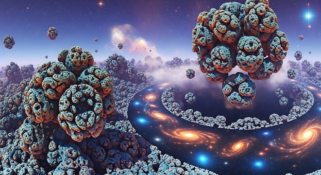Surreal Cosmic Landscape Featuring Vibrant Blue And Orange Galaxies With Floating Asteroid Clusters In Deep Space