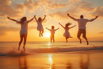 Fototapeta premium Family of five silhouetted jumping together on a golden beach at sunset, joyful and carefree with sunlit waves, clouds, horizon and reflections on wet sand