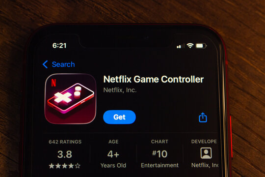 Mexico City, MEXICO - Apr 20 2026 : Netflix Game Controller App Listing on iPhone App Store, Dark UI