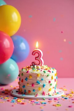 A festive third birthday cake celebration with colorful sprinkles and a lit candle, surrounded by pastel balloons.