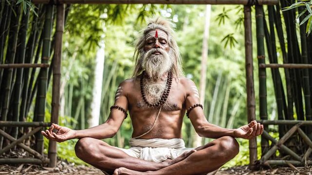Elderly ascetic man meditating in lotus pose amidst bamboo forest, embodying spiritual peace and mindfulness, ideal for wellness and yoga themes