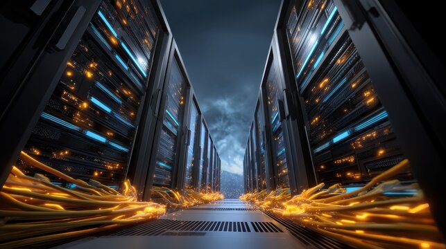 A futuristic data center with rows of server racks glowing with blue and orange lights, connected by flowing fiber optic cables under a dark, cloudy sky.