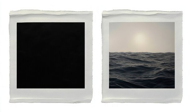 two torn-edged square instant photos side by side &mdash; one a black void, the other a hazy sun over restless ocean waves, evoking solitude and contemplative contrast
