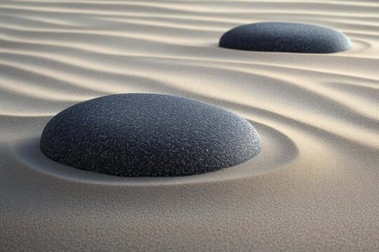 two smooth dark stones resting in raked sand with gentle ripples, calm and meditative mood