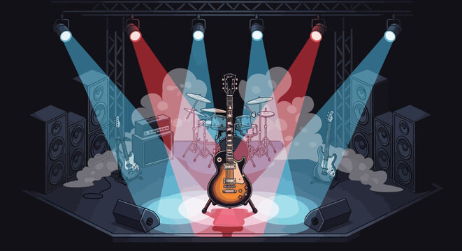 Electric guitar and drum set on a concert stage with spotlights and smoke.