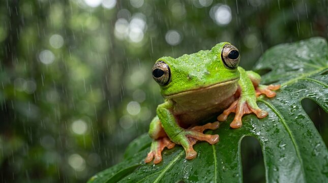 A green frog perches on a wet leaf in the rainforest looking directly at the camera with large eyes.
