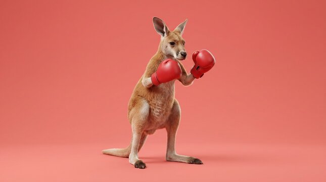 Kangaroo wearing red boxing gloves stands on pink background ready to fight