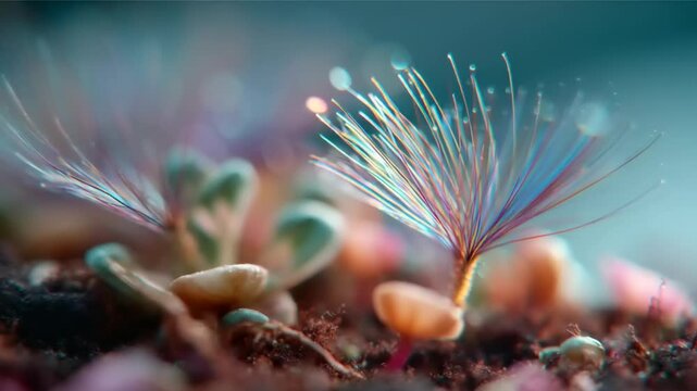 Colorful spores emerging from soil in a vibrant ecosystem