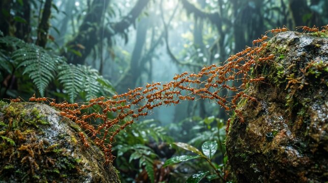 Vibrant orange plant sprawls across two mossy rocks in a misty forest with ferns and trees