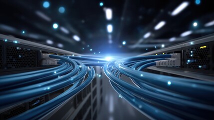 Fototapeta premium High-speed fiber optic cables connected to servers in a data center, symbolizing fast, modern internet and digital communication technology.