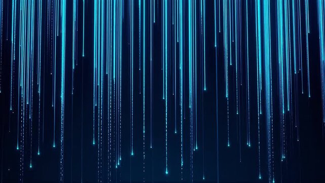 Abstract glowing blue digital rain particles falling down on dark background, futuristic technology or science fiction concept