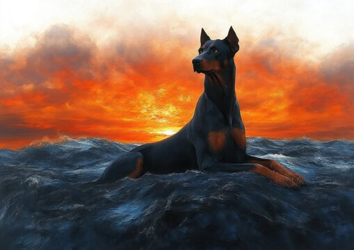 Regal doberman reclining on dark ocean waves beneath a fiery orange sunset and dramatic clouds, vigilant and majestic