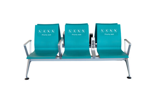 Empty chairs green for Priority seat passengers isolated on cut out PNG or transparent background waiting at airport lounge area station room. Modern interior design for tourists to travel around.