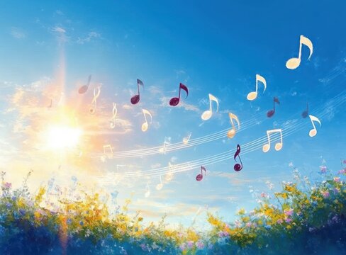 sunlit blue sky above a colorful wildflower meadow with floating musical notes and staves, evoking a joyful, uplifting morning melody and whimsical breeze