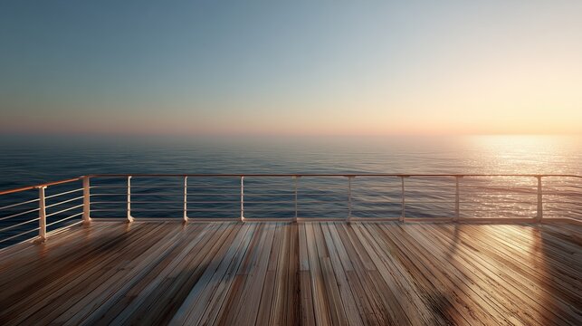 Empty wooden ship deck overlooking calm ocean at sunset