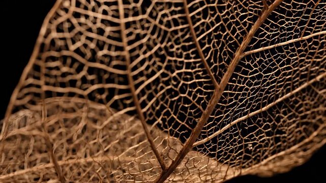 Delicate Golden Leaf Skeleton Macro: Intricate Vein Structure on Black