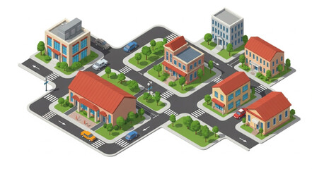 Fototapeta premium Isometric city block with buildings and roads.