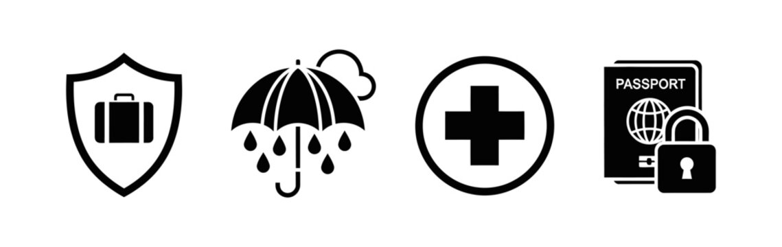 Travel insurance icons passport, lock, shield, umbrella, rain, medical cross, and suitcase for comprehensive coverage