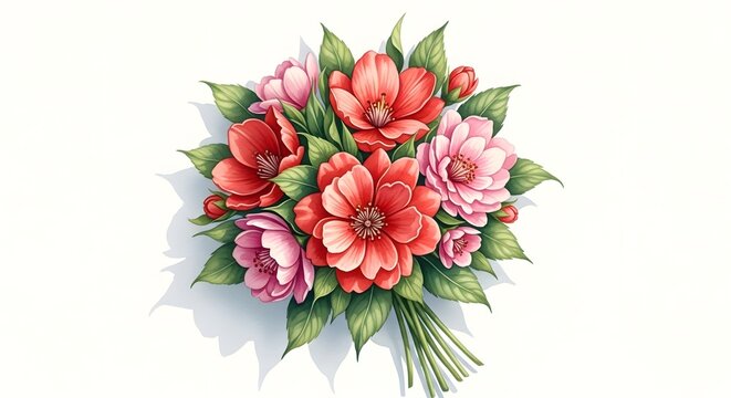 Vibrant bouquet of pink and red flowers on white background