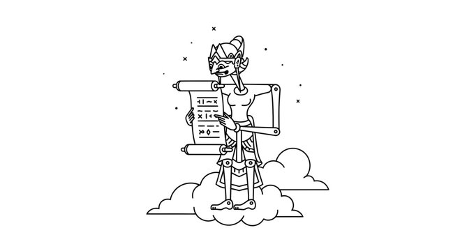 Wayang Kulit Puppet Character Holding Scroll on Clouds